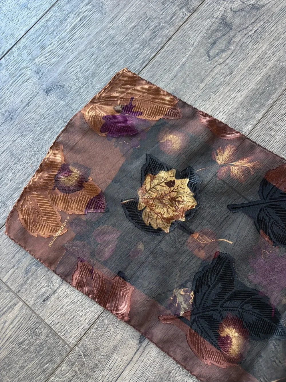 Liz Claiborne Black Sheer Floral Scarf with Bronze and Purple Accents